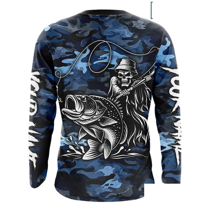 Reaper Fishing Largemouth Bass Long Sleeve Fishing Shirts Blue Camo, Camo Fishing Shirt NBT391