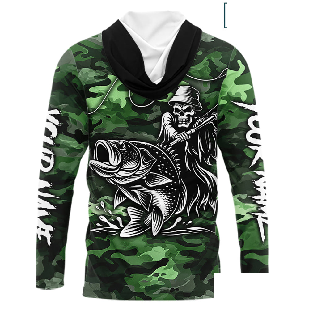 Reaper Fishing Largemouth Bass Long Sleeve Hooded Fishing Shirts Green Camo, Camo Fishing Shirt NBT392