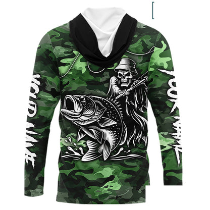 Reaper Fishing Largemouth Bass Long Sleeve Hooded Fishing Shirts Green Camo, Camo Fishing Shirt NBT392