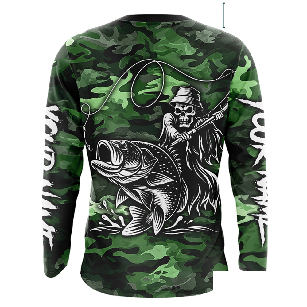 Reaper Fishing Largemouth Bass Long Sleeve Fishing Shirts Green Camo, Camo Fishing Shirt NBT392