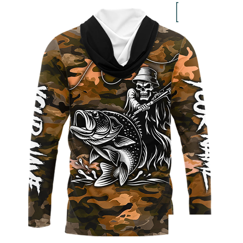 Reaper Fishing Largemouth Bass Long Sleeve Hooded Fishing Shirts Orange Camo, Camo Fishing Shirt NBT393