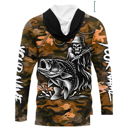 Reaper Fishing Largemouth Bass Long Sleeve Hooded Fishing Shirts Orange Camo, Camo Fishing Shirt NBT393