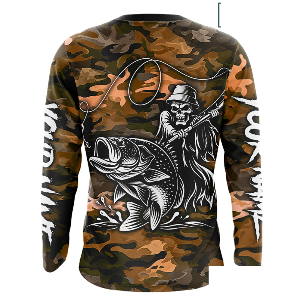 Reaper Fishing Largemouth Bass Long Sleeve Fishing Shirts Orange Camo, Camo Fishing Shirt NBT393