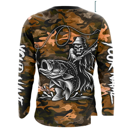 Reaper Fishing Largemouth Bass Long Sleeve Fishing Shirts Orange Camo, Camo Fishing Shirt NBT393