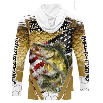 American Flag Walleye Long Sleeve Hooded Fishing Shirts Fish Scale, Custom Patriotric Walleye Fishing Shirts NBT394