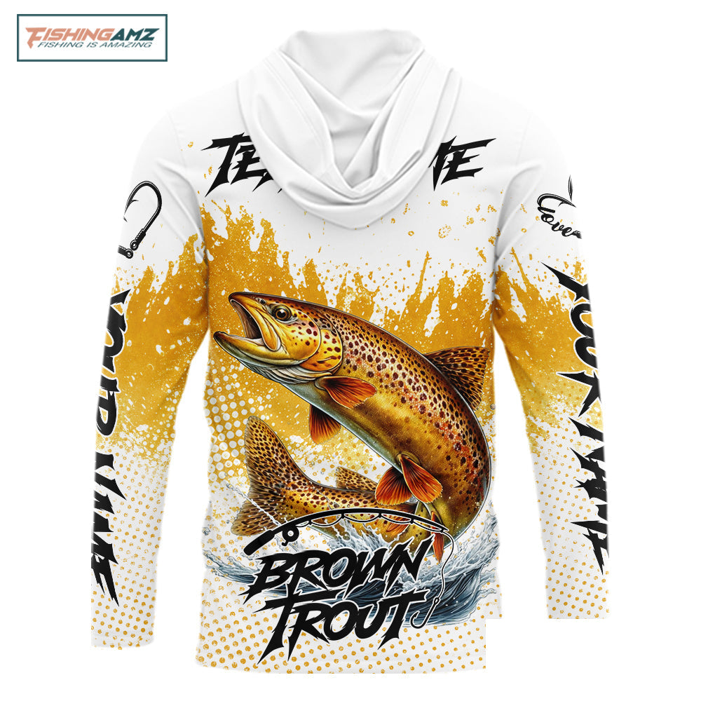 Custom Brown Trout Long Sleeve Hooded Fishing Shirts Yellow Camo Fishing Lures, Custom Fishing Jerseys NBT377