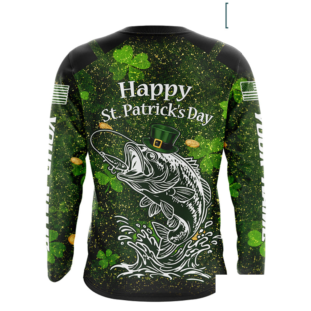 Custom St Patrick's Day American Flag Bass Long Sleeve Fishing Shirts, Patriotric Bass Fishing Jerseys NBT381