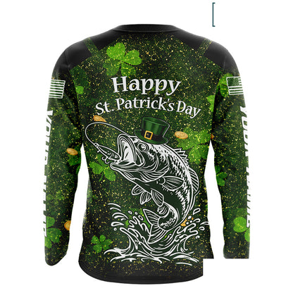Custom St Patrick's Day American Flag Bass Long Sleeve Fishing Shirts, Patriotric Bass Fishing Jerseys NBT381