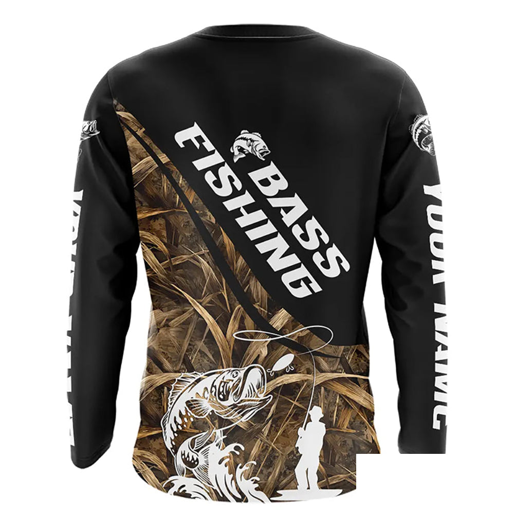 Personalized Largemouth Bass Tatto Grass Camo Customized Long Fishing Tournament Shirts NBT355