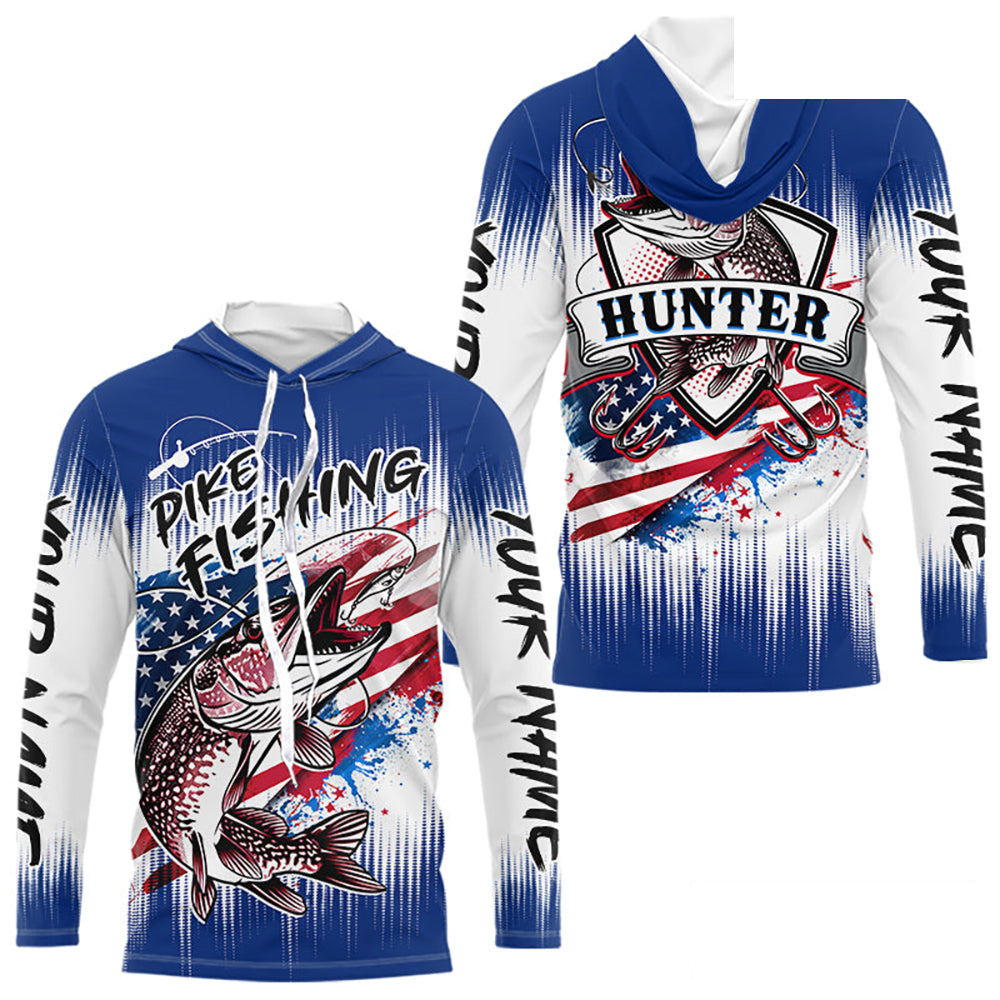 Personalized American Flag Northern Pike Long Sleeve Hooded Shirts, Patriotic Pike Fishing Jerseys|Blue NBT655