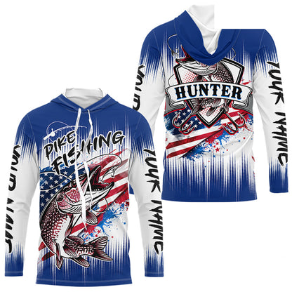 Personalized American Flag Northern Pike Long Sleeve Hooded Shirts, Patriotic Pike Fishing Jerseys|Blue NBT655