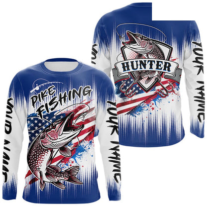 Personalized American Flag Northern Pike Fishing Shirts Long Sleeve, Patriotic Pike Fishing Jerseys|Blue NBT655