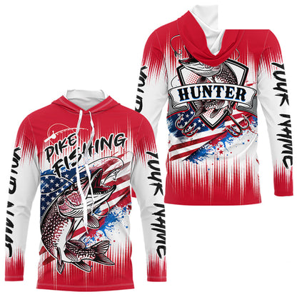 Personalized American Flag Northern Pike Long Sleeve Hooded Shirts, Patriotic Pike Fishing Jerseys|Red NBT656