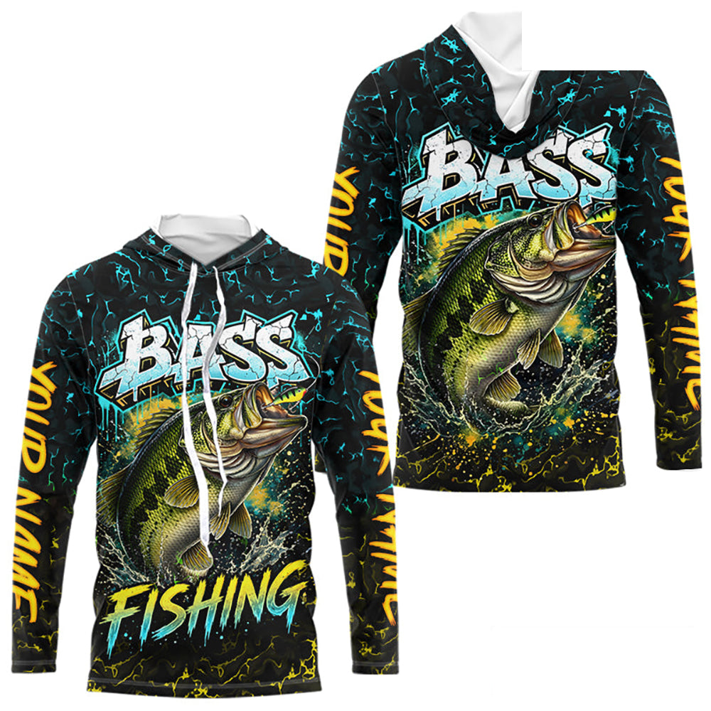 Personalized Neon Color Bass Long Sleeve Hooded Shirts, Largemouth Bass Fishing Jerseys For Men NBT668