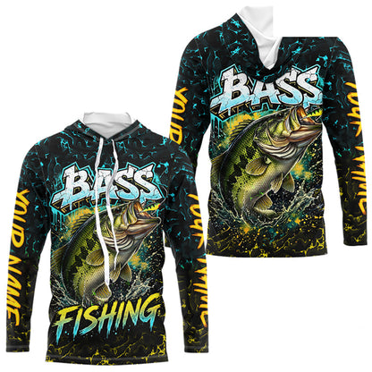 Personalized Neon Color Bass Long Sleeve Hooded Shirts, Largemouth Bass Fishing Jerseys For Men NBT668