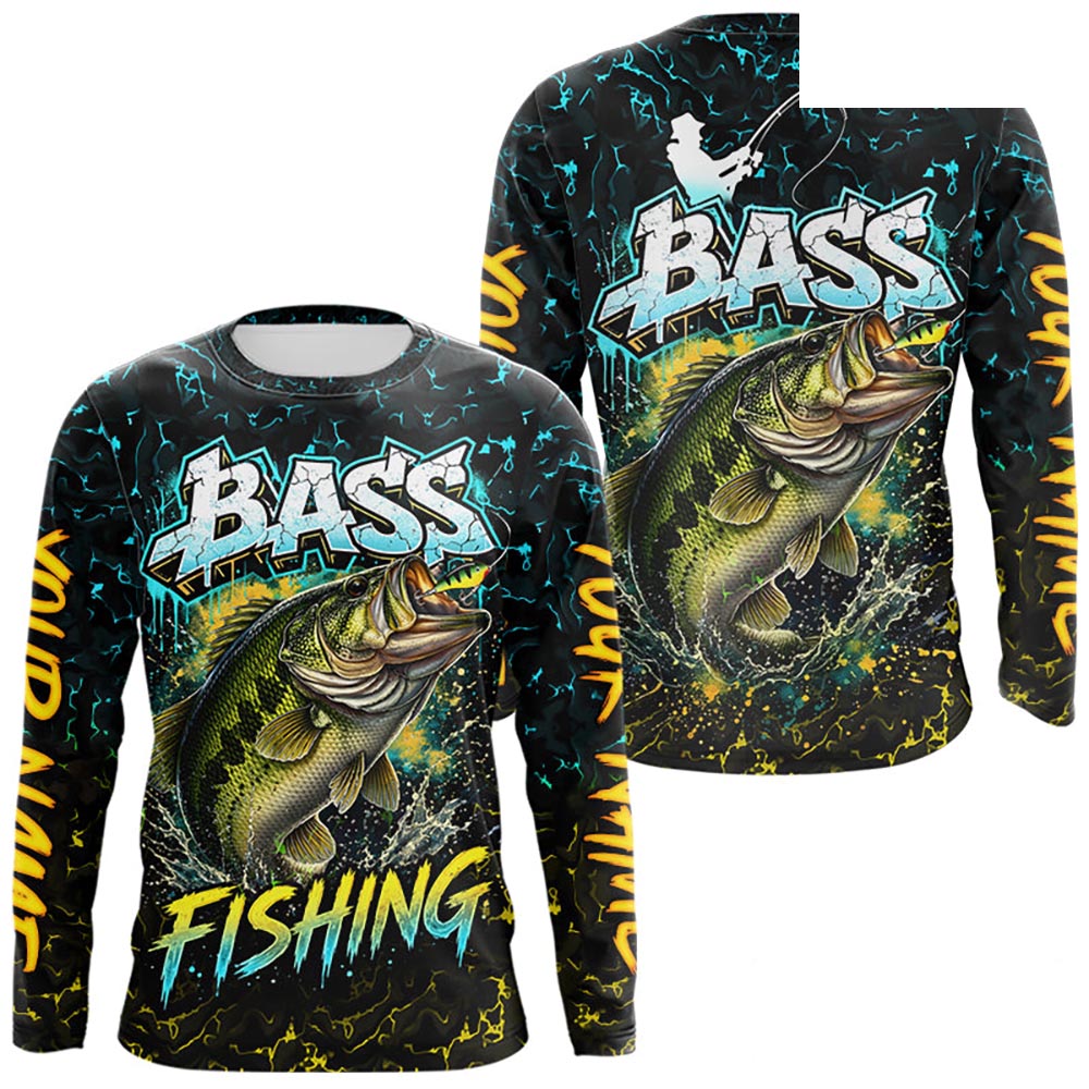 Personalized Neon Color Bass Long Sleeve Fishing Shirts, Largemouth Bass Fishing Jerseys For Men NBT668