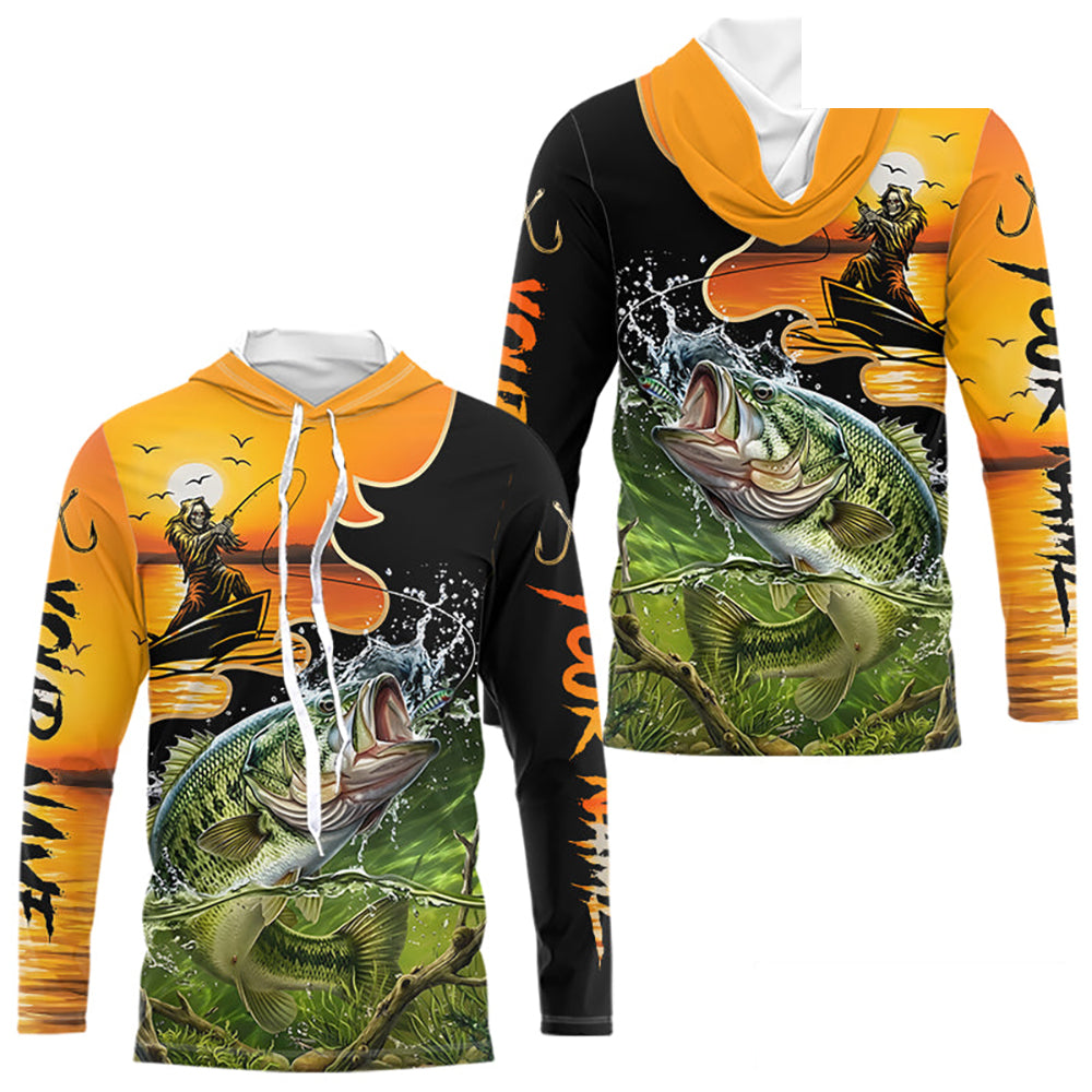 Personalized Fish Reaper Sunset Design Largemouth Bass Long Sleeve Hooded Shirts NBT673