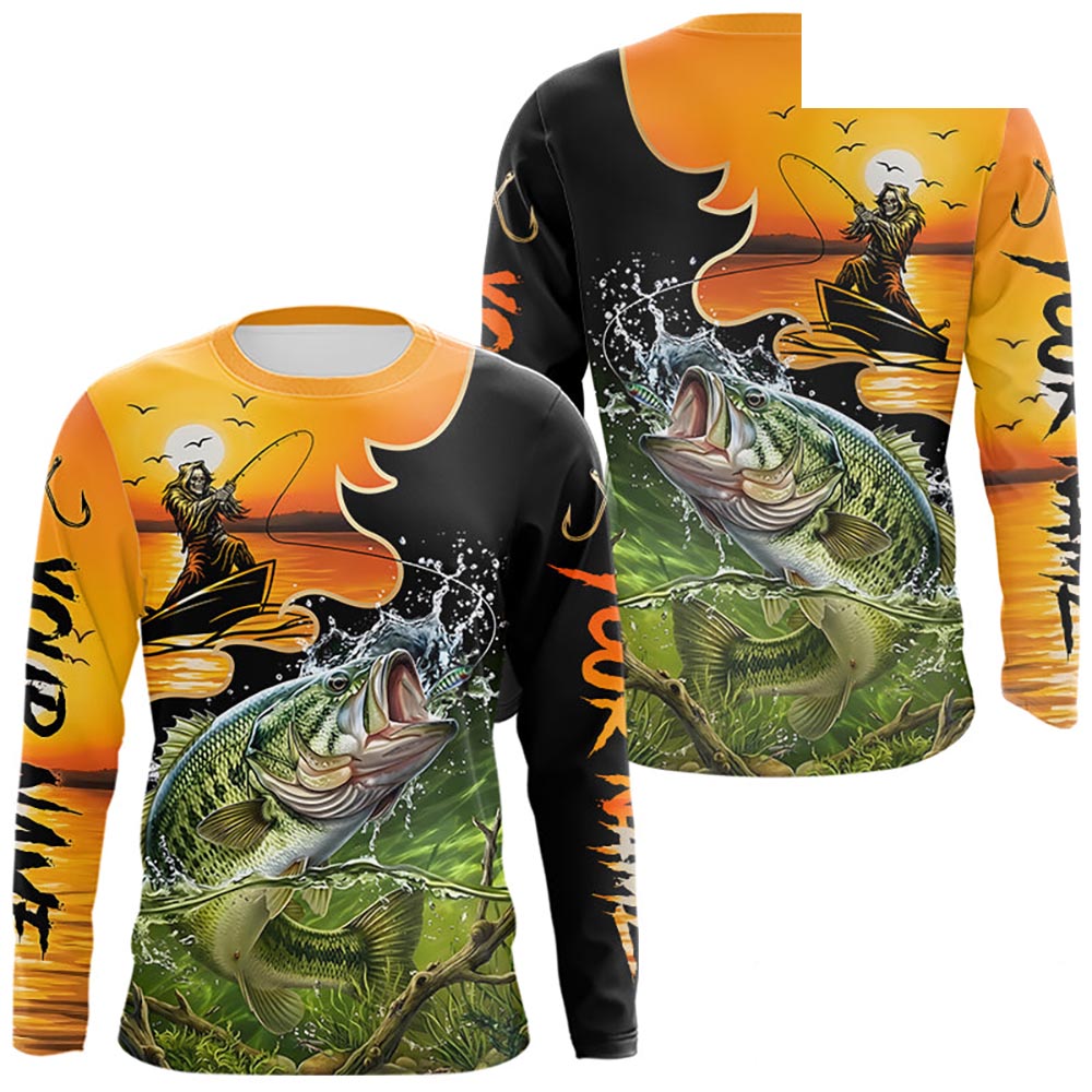 Personalized Fish Reaper Sunset Design Largemouth Bass Fishing Shirts Long Sleeve NBT673