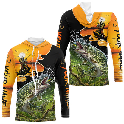 Personalized Fish Reaper Sunset Design Northern Pike Long Sleeve Hooded Shirts NBT675