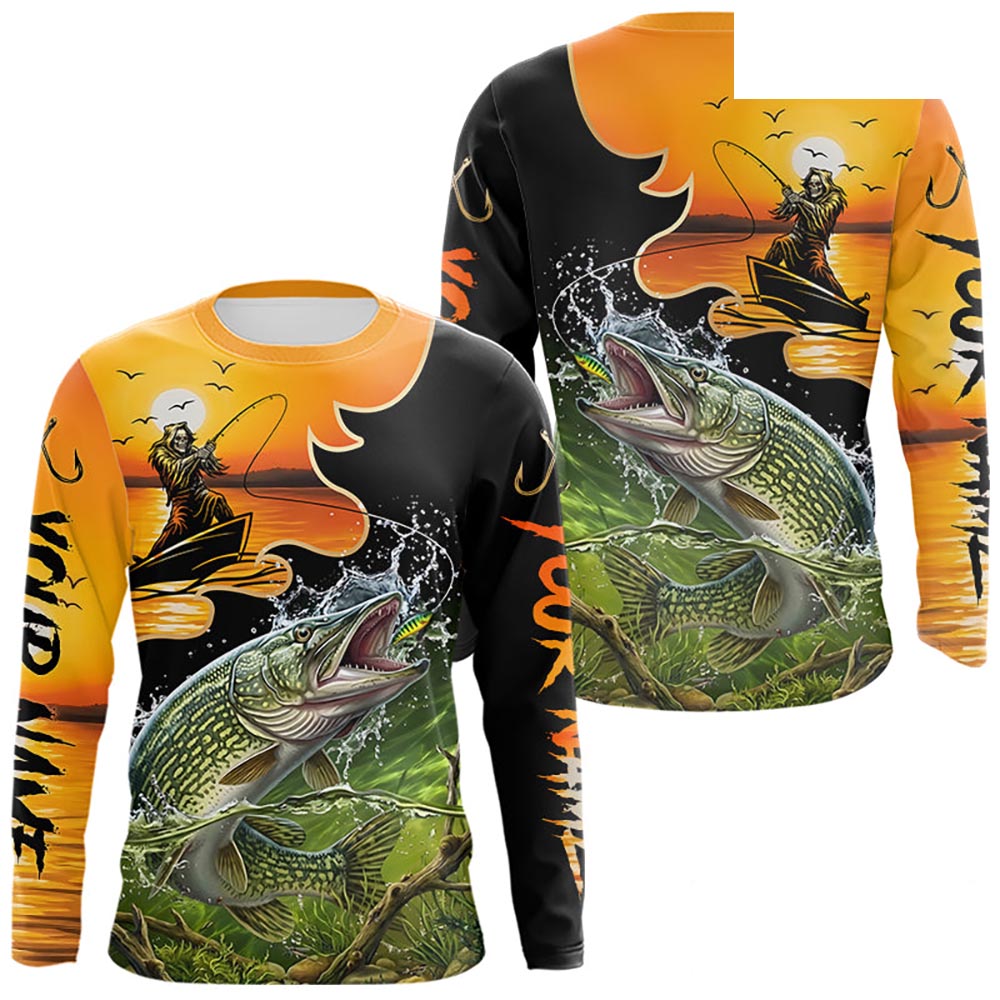 Personalized Fish Reaper Sunset Design Northern Pike Fishing Shirts Long Sleeve NBT675