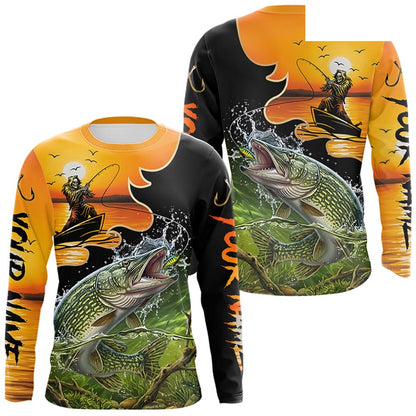 Personalized Fish Reaper Sunset Design Northern Pike Fishing Shirts Long Sleeve NBT675