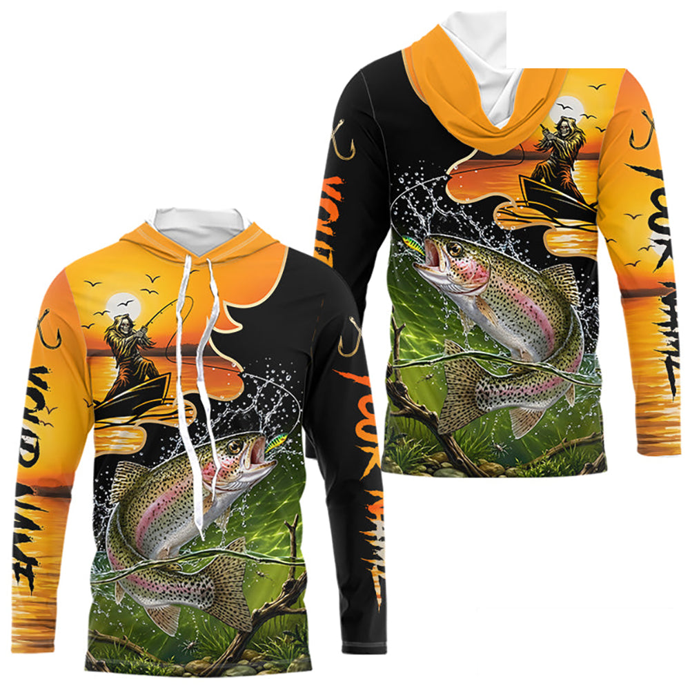 Personalized Fish Reaper Sunset Design Rainbow Trout Long Sleeve Hooded Shirts NBT676