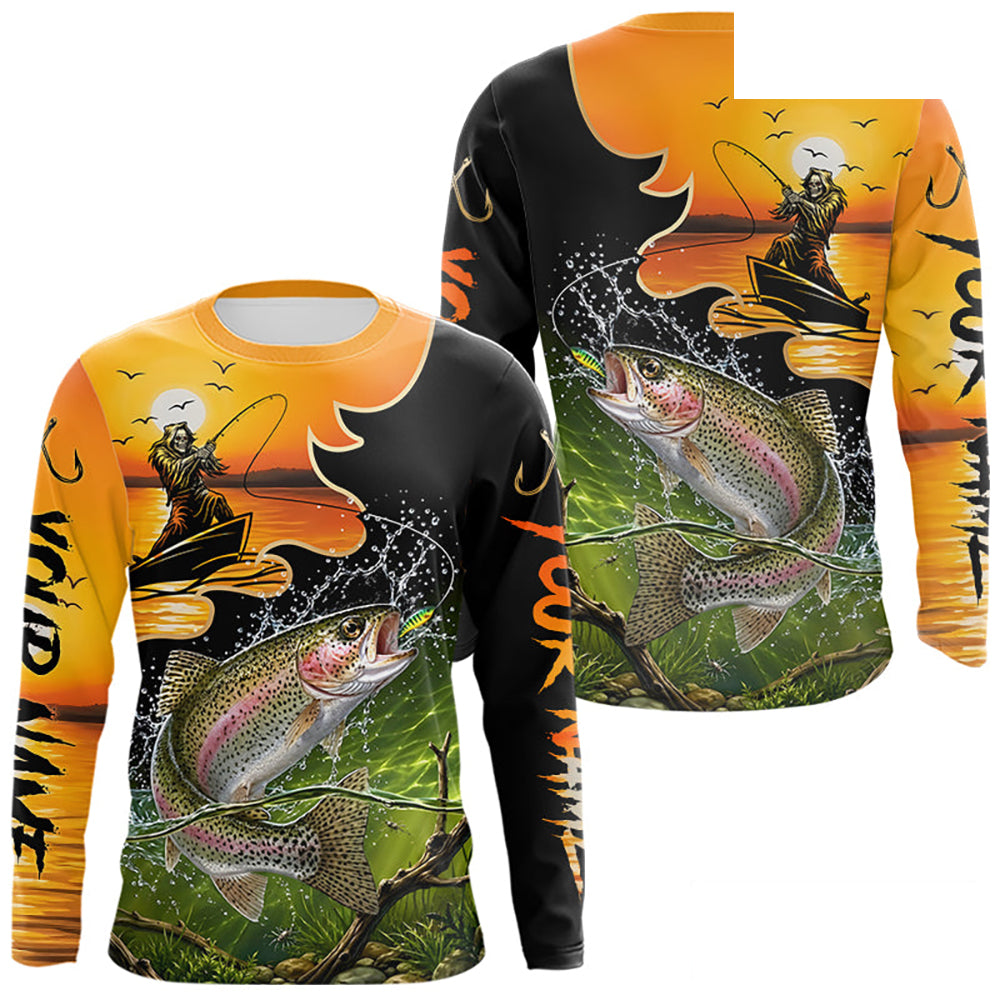 Personalized Fish Reaper Sunset Design Rainbow Trout Fishing Shirts Long Sleeve NBT676
