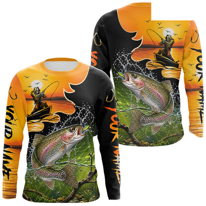Personalized Fish Reaper Sunset Design Rainbow Trout Fishing Shirts Long Sleeve NBT676
