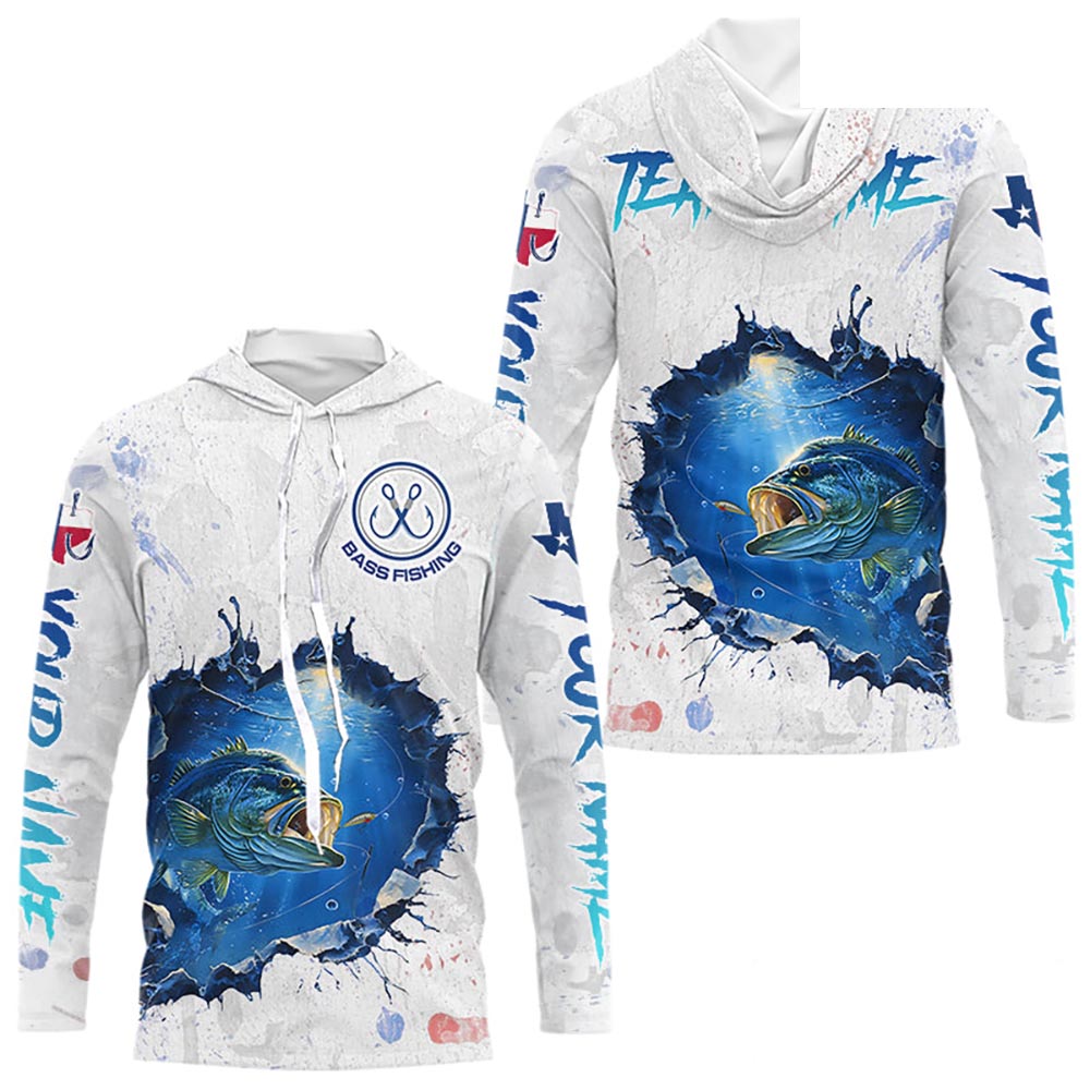 Custom Bass Fishing Tournament Long Sleeve Hooded Shirts, Largemouth Bass Fishing Apparel | White NBT680