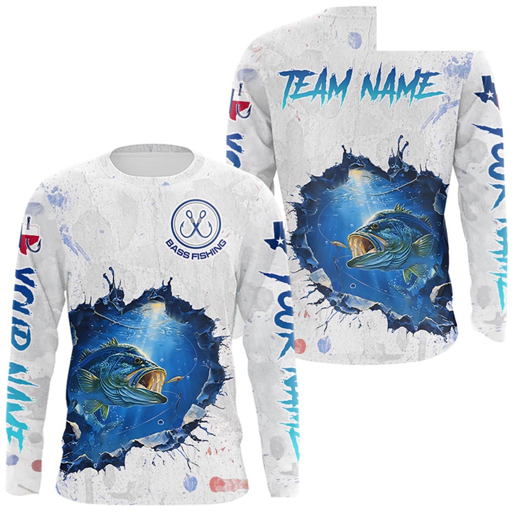 Custom Bass Fishing Long Sleeve Tournament Shirts, Largemouth Bass Fishing Apparel | White NBT680