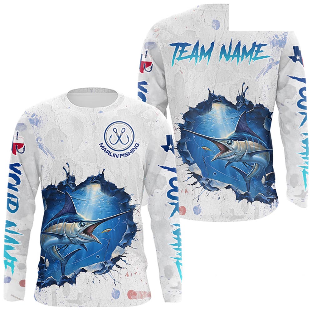 Custom Marlin Fishing Long Sleeve Tournament Shirts, Marlin Saltwater Fishing Apparel | White NBT681