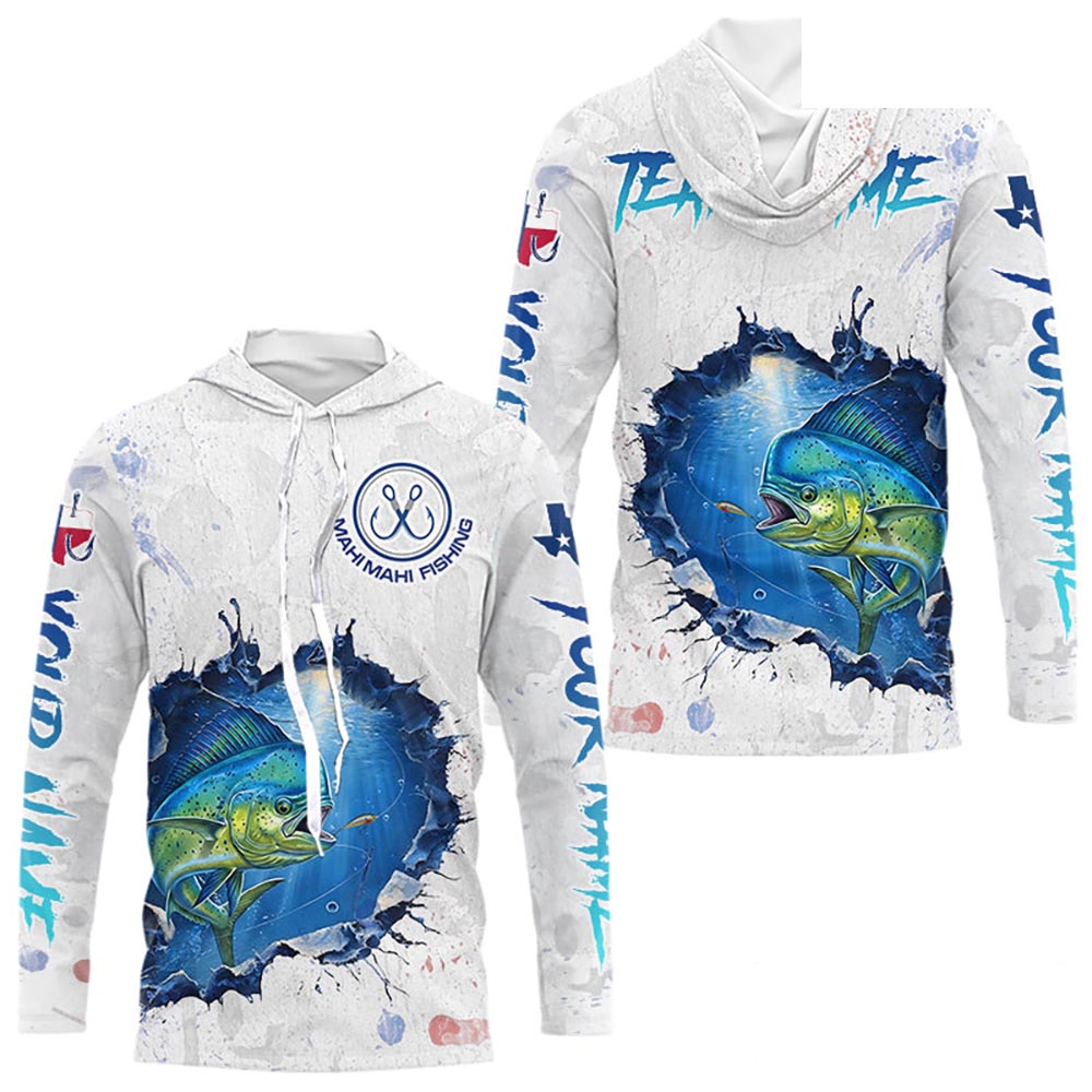 Custom Mahi Mahi Fishing Tournament Long Sleeve Hooded Shirts, Mahi Mahi Saltwater Fishing Apparel | White NBT683