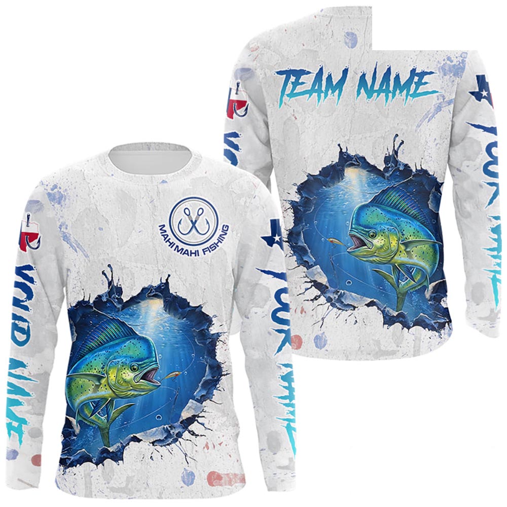 Custom Mahi Mahi Fishing Long Sleeve Tournament Shirts, Mahi Mahi Saltwater Fishing Apparel | White NBT683