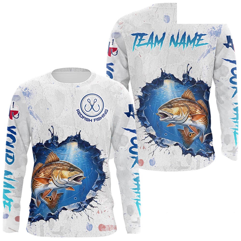 Custom Redfish Fishing Long Sleeve Tournament Shirts, Redfish Saltwater Fishing Apparel | White NBT684
