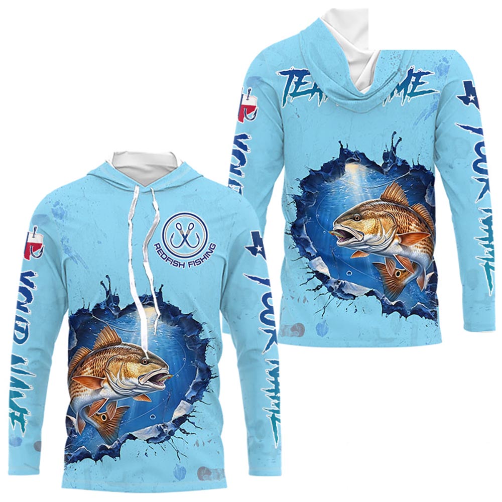 Custom Redfish Fishing Tournament Long Sleeve Hooded Shirts, Redfish Saltwater Fishing Apparel | Blue NBT686