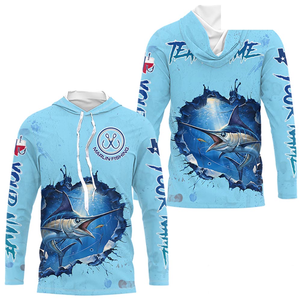 Custom Marlin Fishing Tournament Long Sleeve Hooded Shirts, Marlin Saltwater Fishing Apparel | Blue NBT688