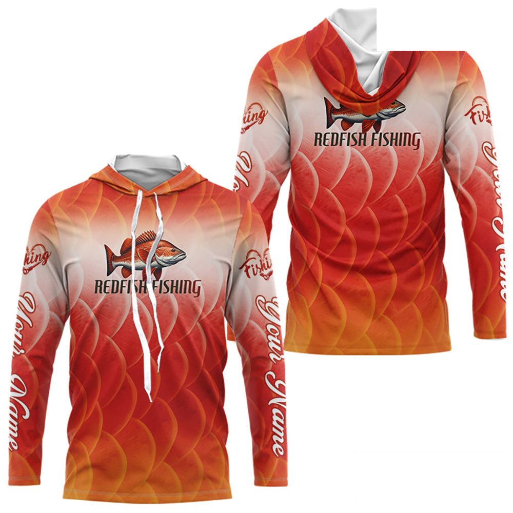 Custom Redfish Long Sleeve Hooded Fishing Shirts Fish Scale Red, Redfish Fly Fishing Performance Shirt NBT376