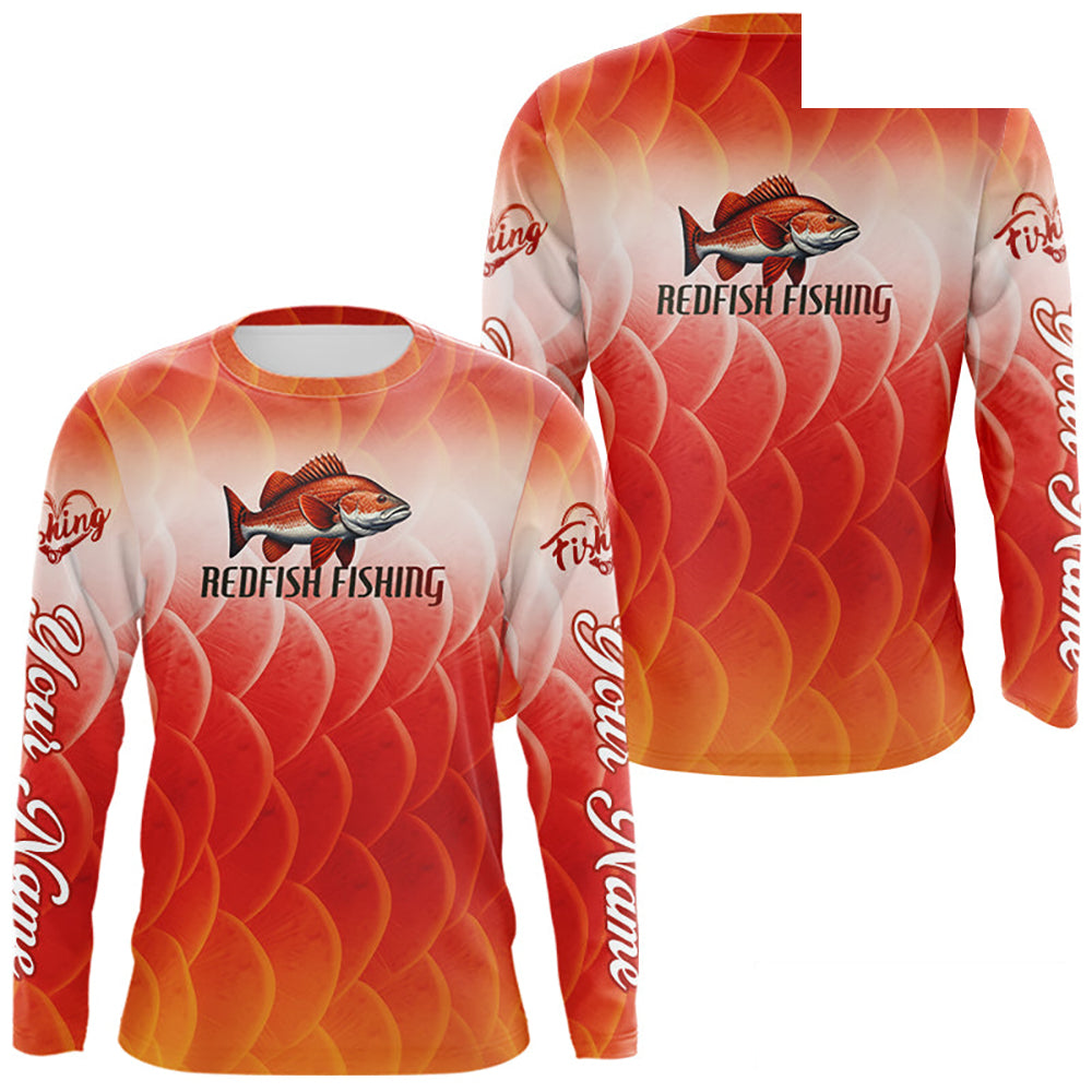 Custom Redfish Long Sleeve Fishing Shirts Fish Scale Red, Redfish Fly Fishing Performance Shirt NBT376