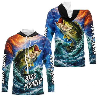 Personalized Bass Thunder And Lightening Long Sleeve Hooded Fishing Shirts,Custom Bass Fishing Jerseys NBT378