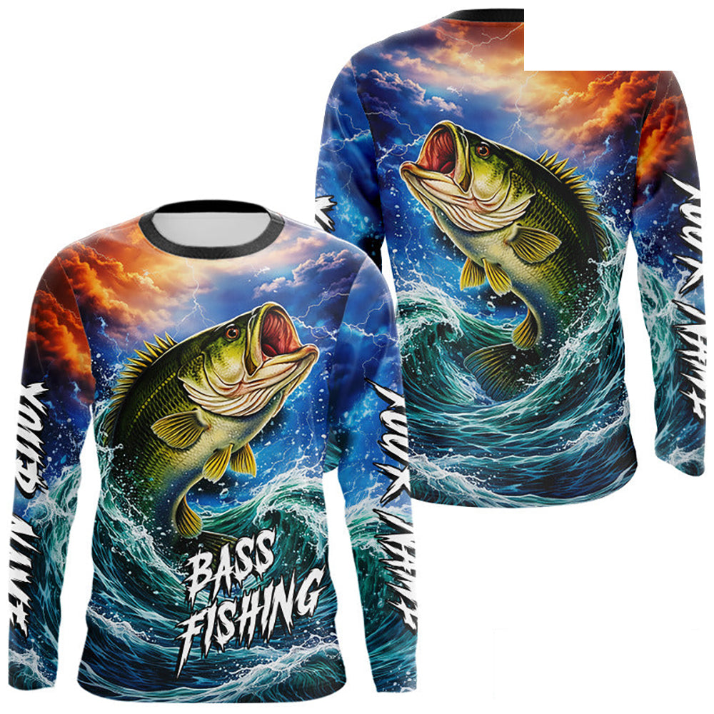 Personalized Bass Thunder And Lightening Long Sleeve Fishing Shirts,Custom Bass Fishing Jerseys NBT378