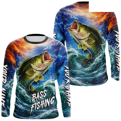 Personalized Bass Thunder And Lightening Long Sleeve Fishing Shirts,Custom Bass Fishing Jerseys NBT378