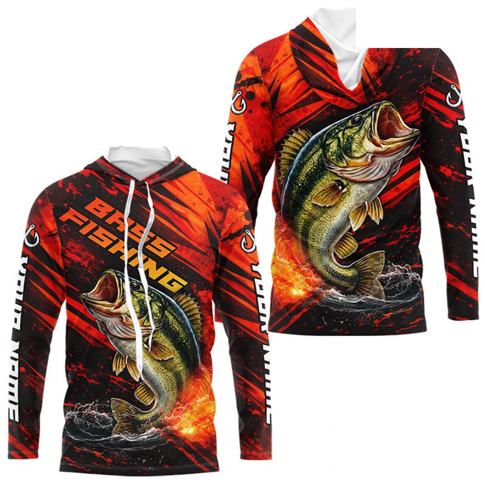 Personalized Fishing Bass Long Sleeve Hooded Fishing Shirts Orange Custom Nam, Fishing Shirts For Men NBT382