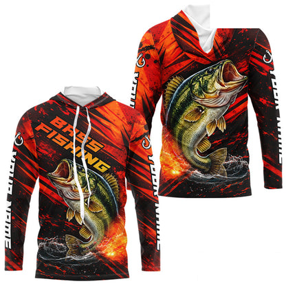 Personalized Fishing Bass Long Sleeve Hooded Fishing Shirts Orange Custom Nam, Fishing Shirts For Men NBT382