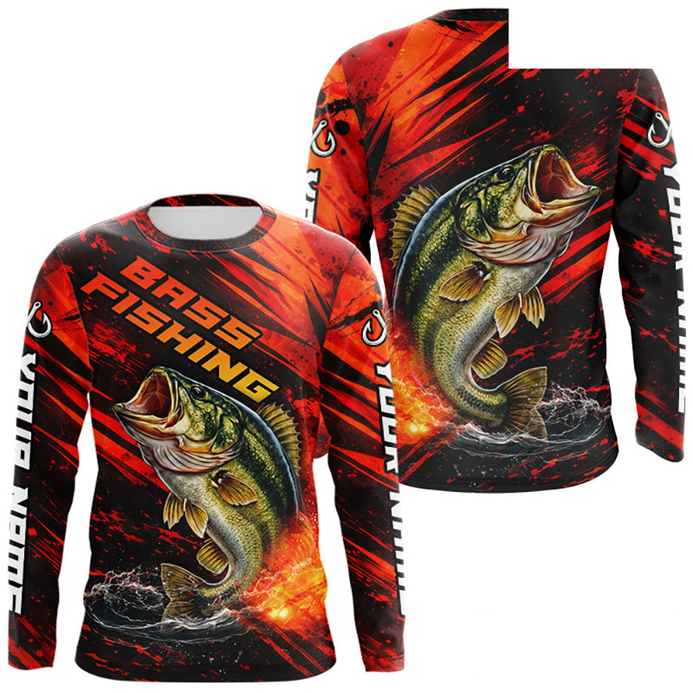 Personalized Fishing Bass Long Sleeve Fishing Shirts Orange Custom Name, Fishing Shirts For Men NBT382