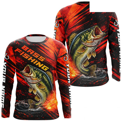 Personalized Fishing Bass Long Sleeve Fishing Shirts Orange Custom Name, Fishing Shirts For Men NBT382
