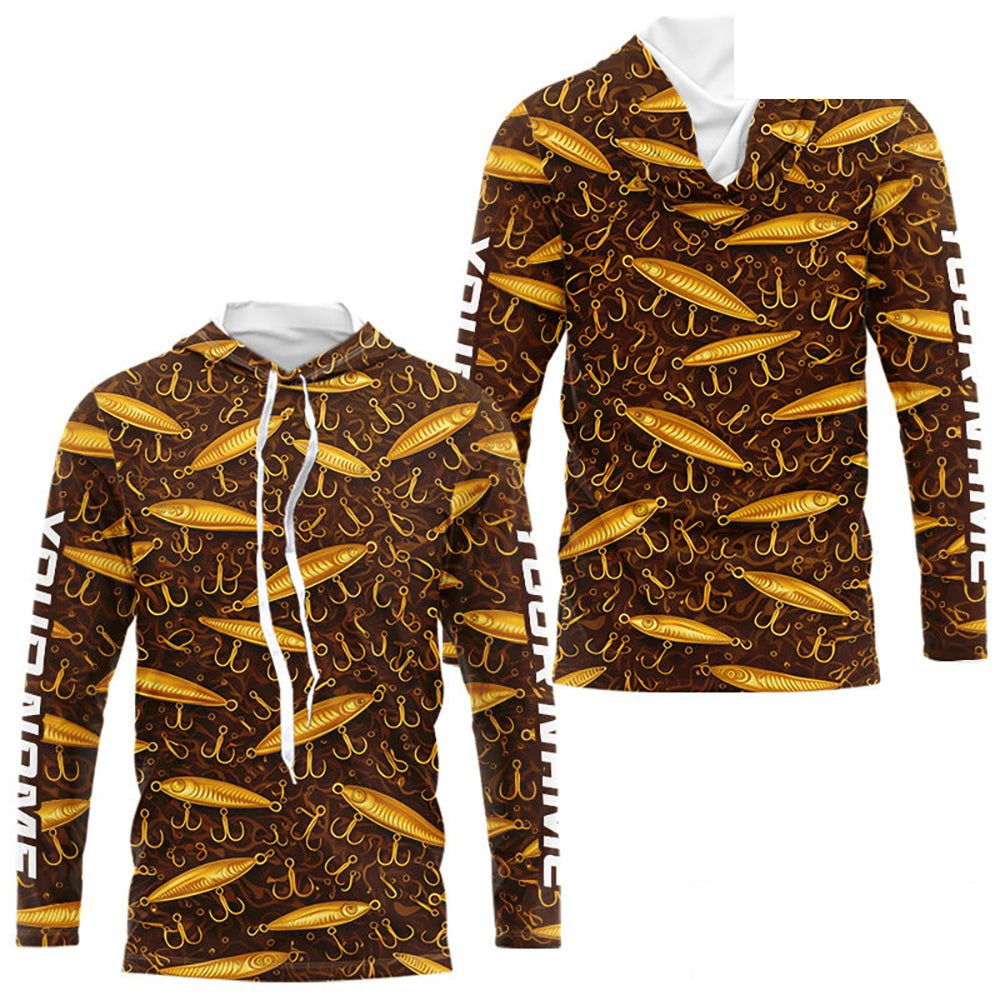 Custom Fishing Lure  Yellow Long Sleeve Hooded Fishing Shirts For Men Custom Name, Mens Fishing Outfit NBT388