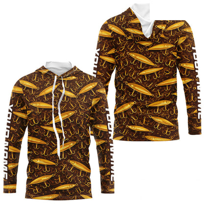 Custom Fishing Lure  Yellow Long Sleeve Hooded Fishing Shirts For Men Custom Name, Mens Fishing Outfit NBT388