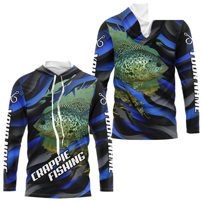 Custom Crappie Fishing Blue Camo Long Sleeve Hooded Fishing Shirts, Crappie Fishing Shirts  NBT390