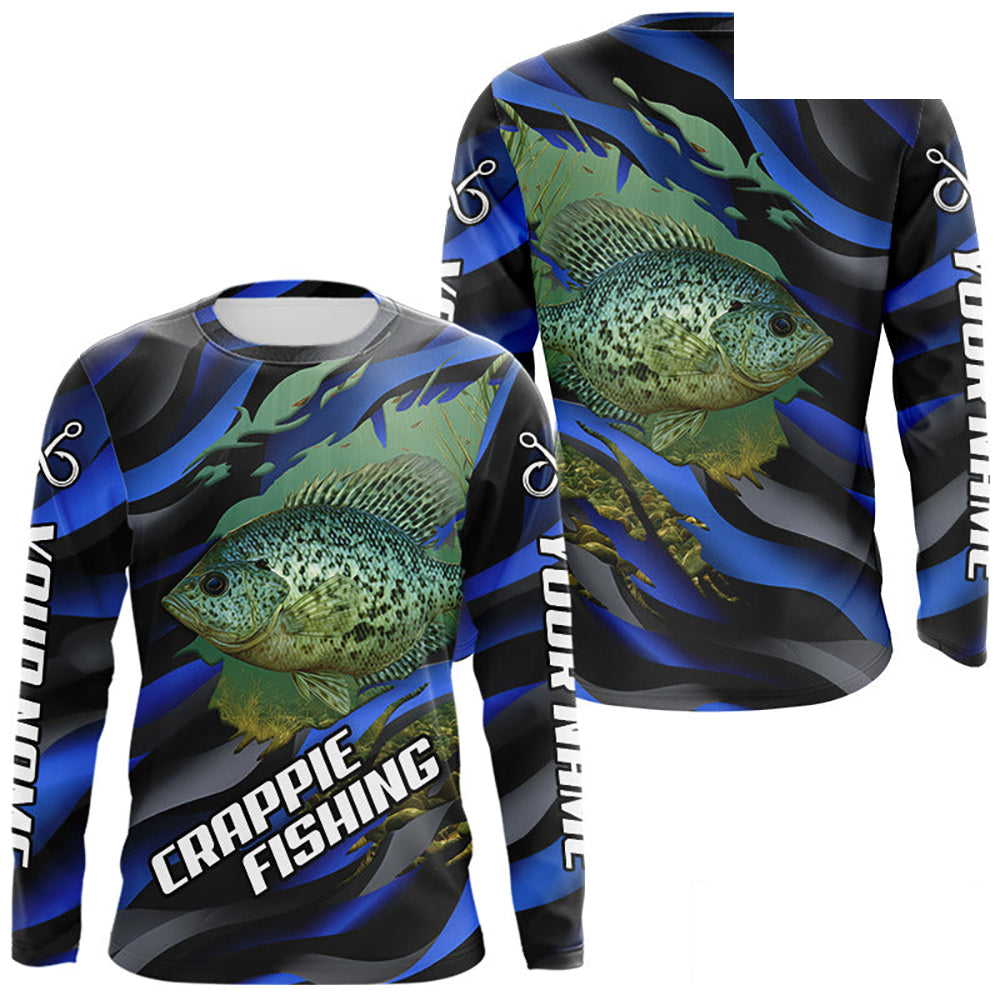 Custom Crappie Fishing Blue Camo Long Sleeve Fishing Shirts, Crappie Fishing Shirts NBT390