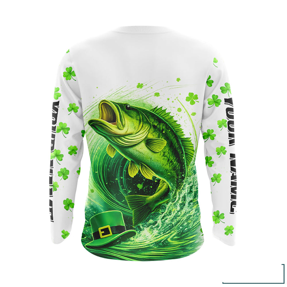 Personalized St Patrick's Day Shirts Largemouth Bass Fishing Long Sleeve, Custom Bass Fishing Jerseys NBT383